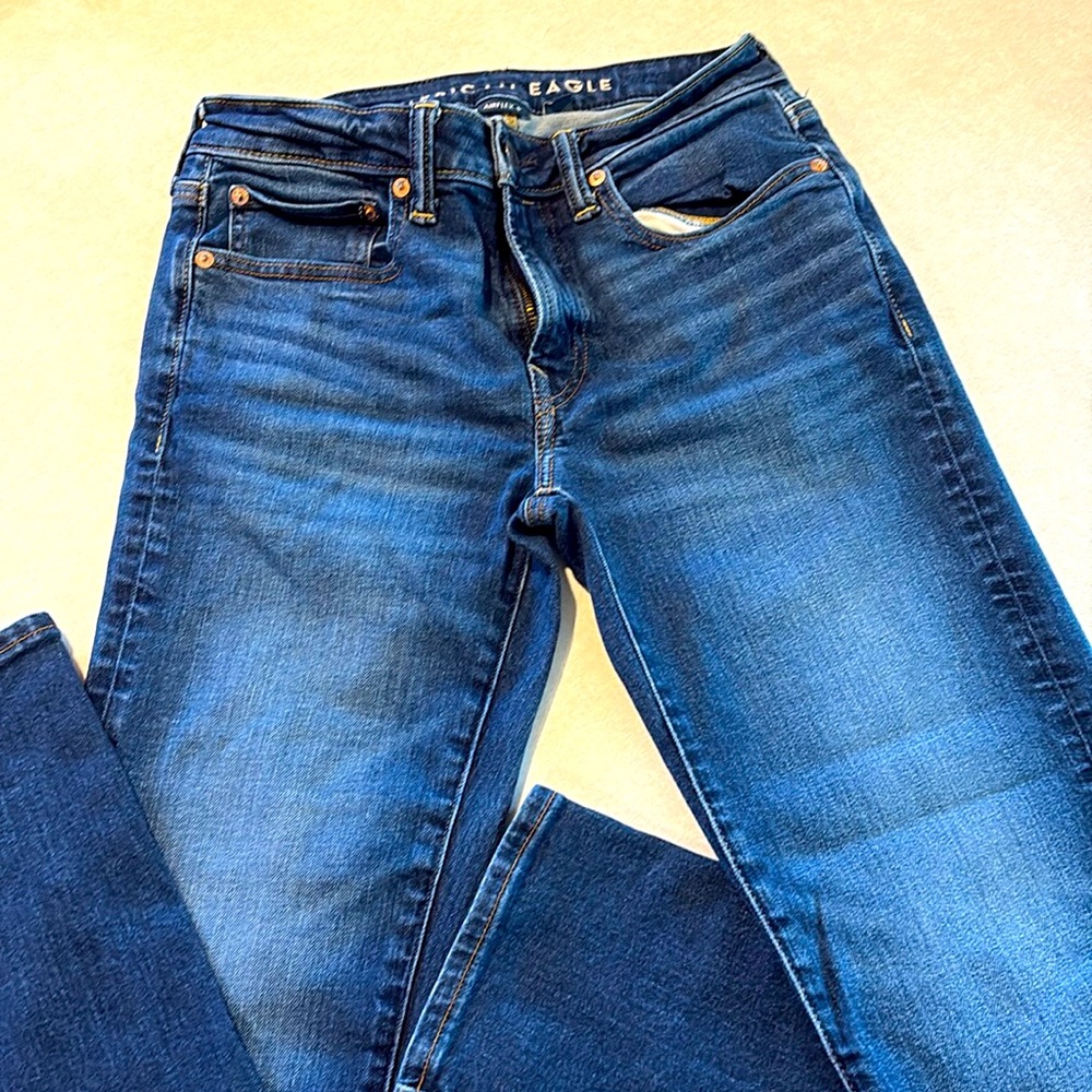 American Eagle Outfitters Blue Slim Straight Denim with Gold Stitching